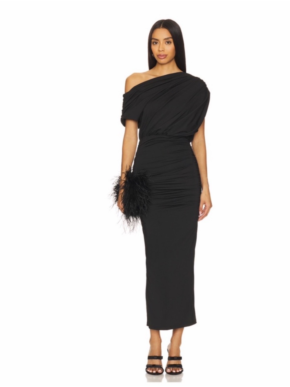 superdown Black One-Shoulder Ruched Midi Dress